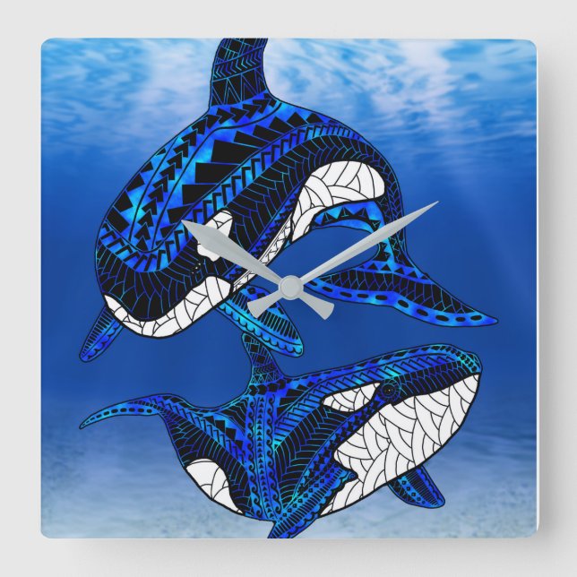 Horloge Carrée Tribal Orca Killer Whales (Recto)