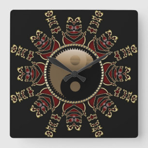 Horloge Carrée Tribal Red+Gold YinYang Geometric Sun