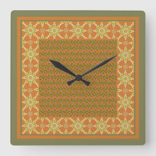 Horloge Carrée Tribal rouille verte crème Motif Carré cadenas
