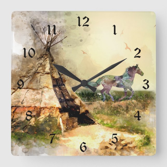 Horloge Carrée Tribal Tipi et indien Pony Boho Horse Teepee (Recto)