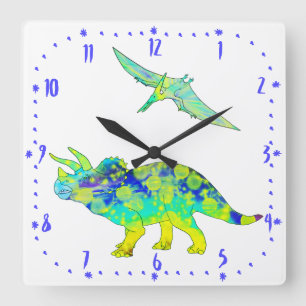 Horloge Carrée Tricératops Pterodactyle Vert Dinosaure Psychédéli