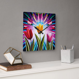 Horloge Carrée Trio de tulipes : Une explosion de beauté printani