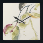 Horloge Carrée Triptyque de branche de feuille d'aquarelle<br><div class="desc">Triptyque I de branche de feuille par Jennifer Goldberger. Les gouttelettes d'aquarelle dans le rose jaune,  vert,  et rougeâtre goldish créent le feuille doux sur les branches gris-foncé et noires.</div>