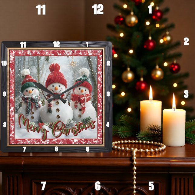 Horloge Carrée Trois bonshommes de neige Joyeux Noël (Créateur téléchargé)