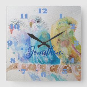 Horloge Carrée Trois Budgies Budgie Budgerigar Garçons Salle Horl