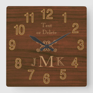 Horloge Carrée Trois initiales et VOTRE TEXTE sur l'horloge en