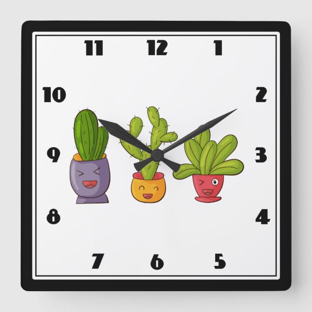 Horloge Carrée Trois mignons cactus dans des pots de fleurs Illus (Recto)