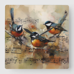 Horloge Carrée Trois oiseaux chanteurs sur peinture à l'aquarelle