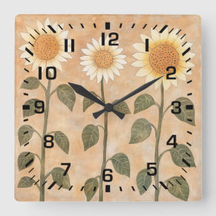 Horloge Carrée Trois Tournesols Terracotta Cottagecore
