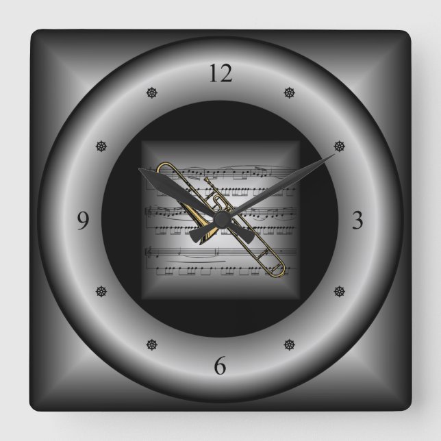 Horloge Carrée Trombone ~ 3D Partition ~ Coussin Argent/Noir ~ (Recto)