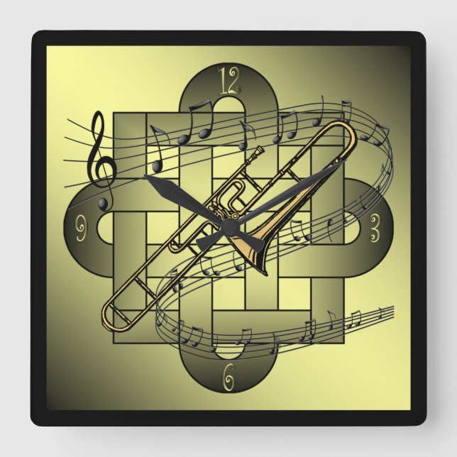 Horloge Carrée Trombone ~ Échelle musicale ~ Graphique à deux noe (Recto)