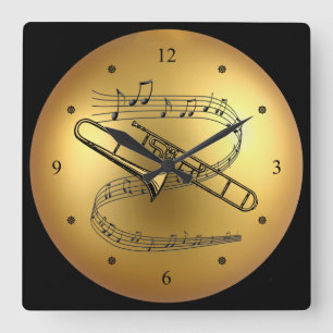 Horloge Carrée Trombone~Musical Scroll~ Golden Globe Background ~