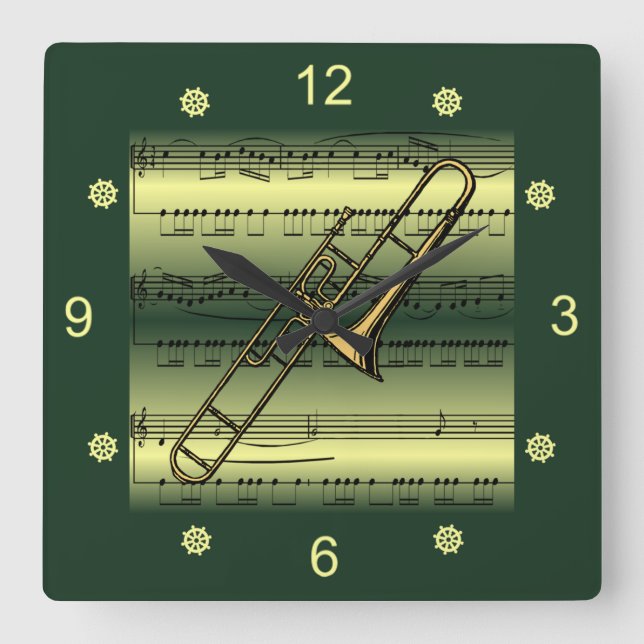 Horloge Carrée Trombone~Partition roulée~Arrière - plan or/vert~ (Recto)