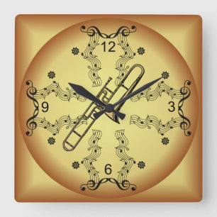 Horloge Carrée Trombone ~ Scroll musical ~ Arrière - plan d'or ~