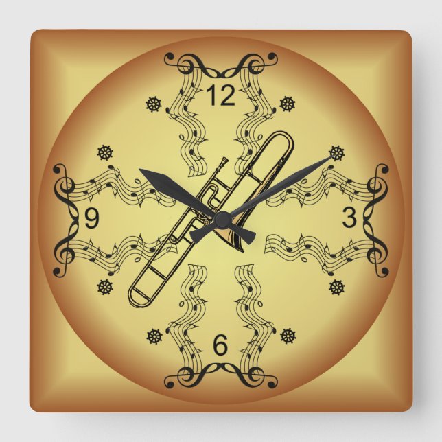 Horloge Carrée Trombone ~ Scroll musical ~ Arrière - plan d'or ~ (Recto)