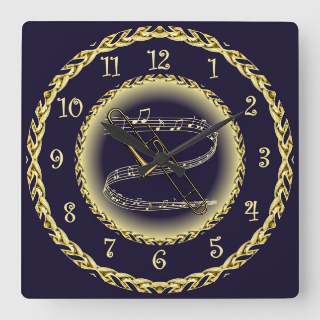 Horloge Carrée Trombone ~ Scroll musical ~ Gold/Navy Blue ~ (Recto)