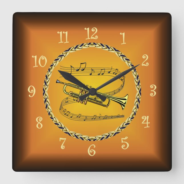 Horloge Carrée Trompette Sur Le Scroll Musical Russet Orange Time (Recto)