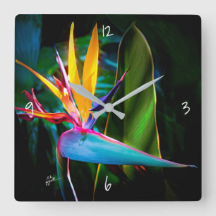 Horloge Carrée Tropical Bird of Paradis Floral Nature Fine Art