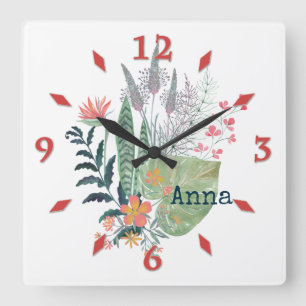 Horloge Carrée tropical floral personalized large clock