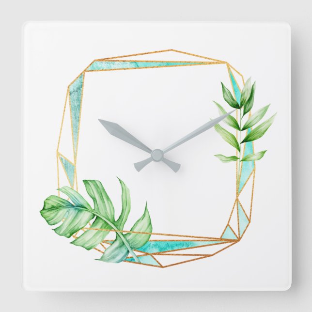 Horloge Carrée Tropical Gold Leaf Poligonal Mint blanc Gris (Recto)