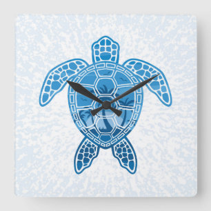 Horloge Carrée Tropical Island Sea Turtle Design en bleu