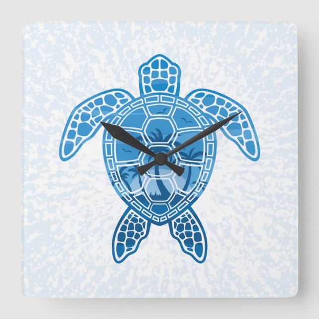 Horloge Carrée Tropical Island Sea Turtle Design en bleu (Recto)