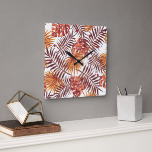 Horloge Carrée Tropical Orange Brown Palm Feuille Aquarelle Art