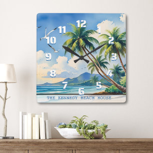 Horloge Carrée Tropical Palms Beach House Nom de famille Aquarell