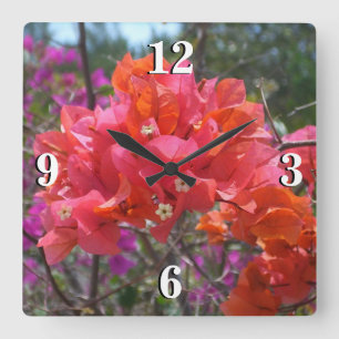 Horloge Carrée Tropical Pink Bougainvillea Island Floral