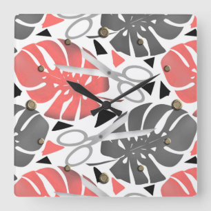 Horloge Carrée Tropical print monstera leaves scissors jungle exo