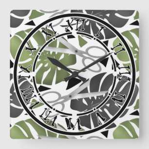Horloge Carrée Tropical print monstera leaves scissors jungle exo