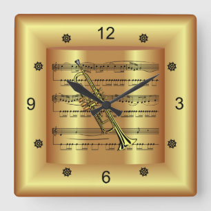 Horloge Carrée Trumpet ~ Partition courbe ~ Arrière - plan or ~