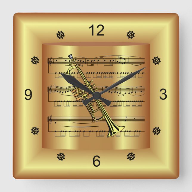 Horloge Carrée Trumpet ~ Partition courbe ~ Arrière - plan or ~ (Recto)