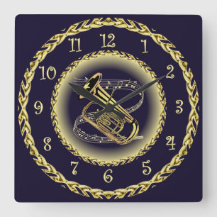 Horloge Carrée Tuba Musical Scroll ~ Gold et Navy Blue ~