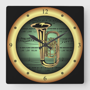 Horloge Carrée Tuba sur Sheet Music ~ Vert sur Gold Arrière - pla