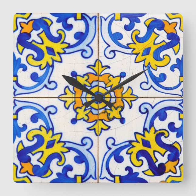 Horloge Carrée Tuile d'azulejo portugaise traditionnelle (Recto)