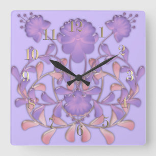 Horloge Carrée Tuile de verre 3D fleurs violet liquide gzhel