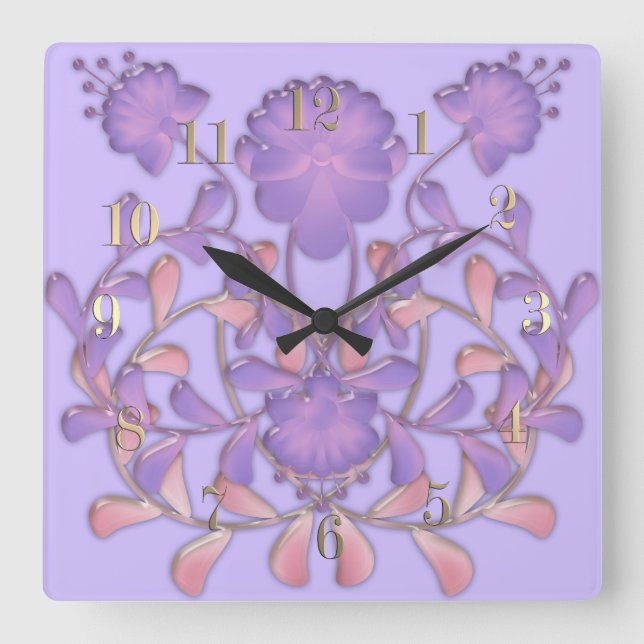 Horloge Carrée Tuile de verre 3D fleurs violet liquide gzhel (Recto)