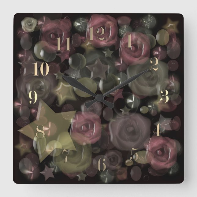 Horloge Carrée Tuile de verre 3D roses liquides et étoiles (Recto)