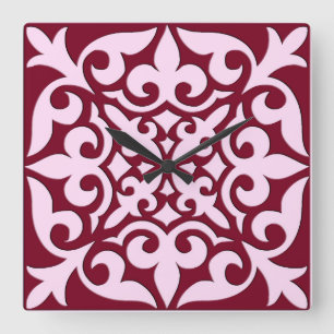 Horloge Carrée Tuile marocaine - bordeaux et rose