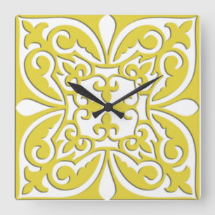 Horloge Carrée Tuile marocaine - jaune et blanc de moutarde