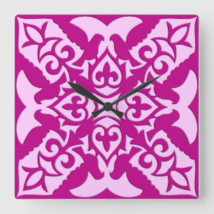 Horloge Carrée Tuile marocaine - magenta et rose