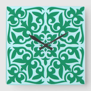 Horloge Carrée Tuile marocaine - turquoise et aqua