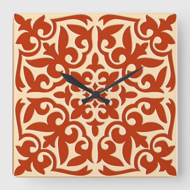 Horloge Carrée Tuiles marocaines - corail orange et pêche (Recto)