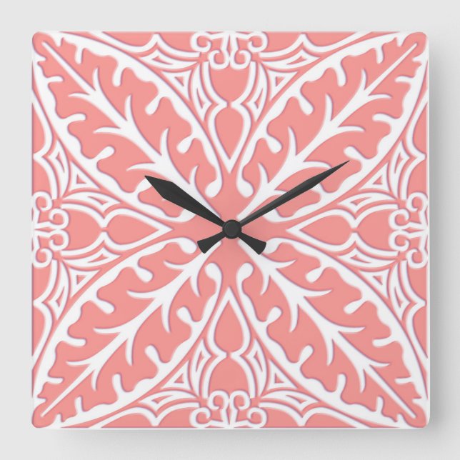 Horloge Carrée Tuiles marocaines - rose de corail et blanc (Recto)
