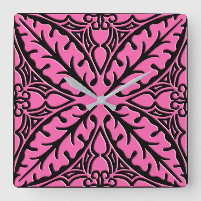 Horloge Carrée Tuiles marocaines - rose et noir fuchsia (Recto)