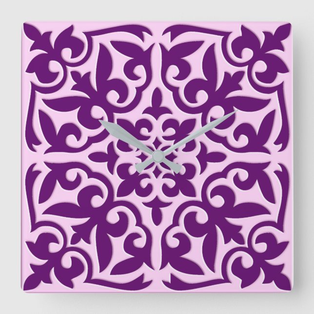 Horloge Carrée Tuiles marocaines - violet et orchidée (Recto)