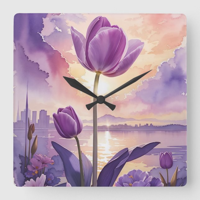 Horloge Carrée Tulipe pourpre (Recto)