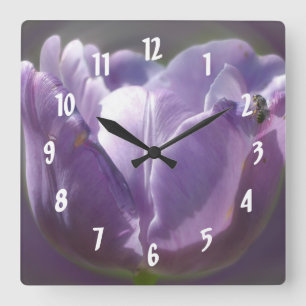 Horloge Carrée Tulipe Violette Pale Avec Fleur D'Abeille