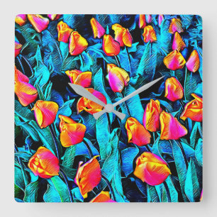 Horloge Carrée Tulipes d'art orange et or